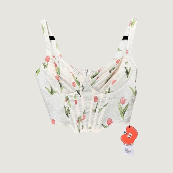 Cider Tops - Cider Floral Tulip Print Corset Bustier Top Cream Pink Med NWT Whimsy Bohemian